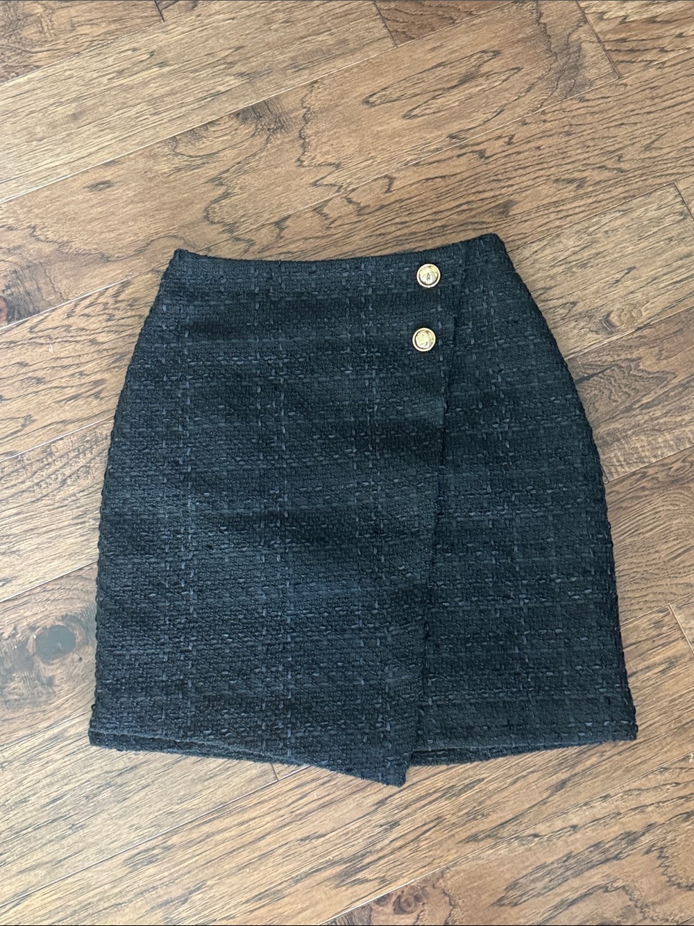 Black Tweed Wrap Mini Skirt with Gold Buttons